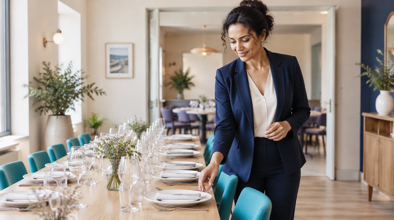 Salle de restaurant dressée pour un repas de groupe.
