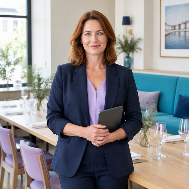 Responsable événementiel dans une salle de restaurant préparée pour un groupe.