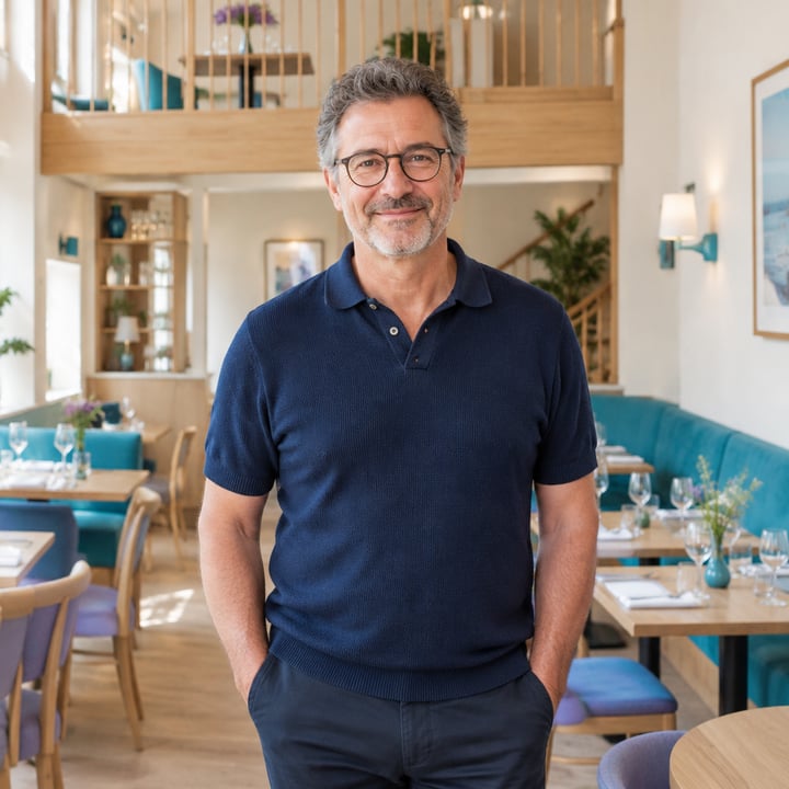 Gérant dans la salle privatisable de son restaurant.